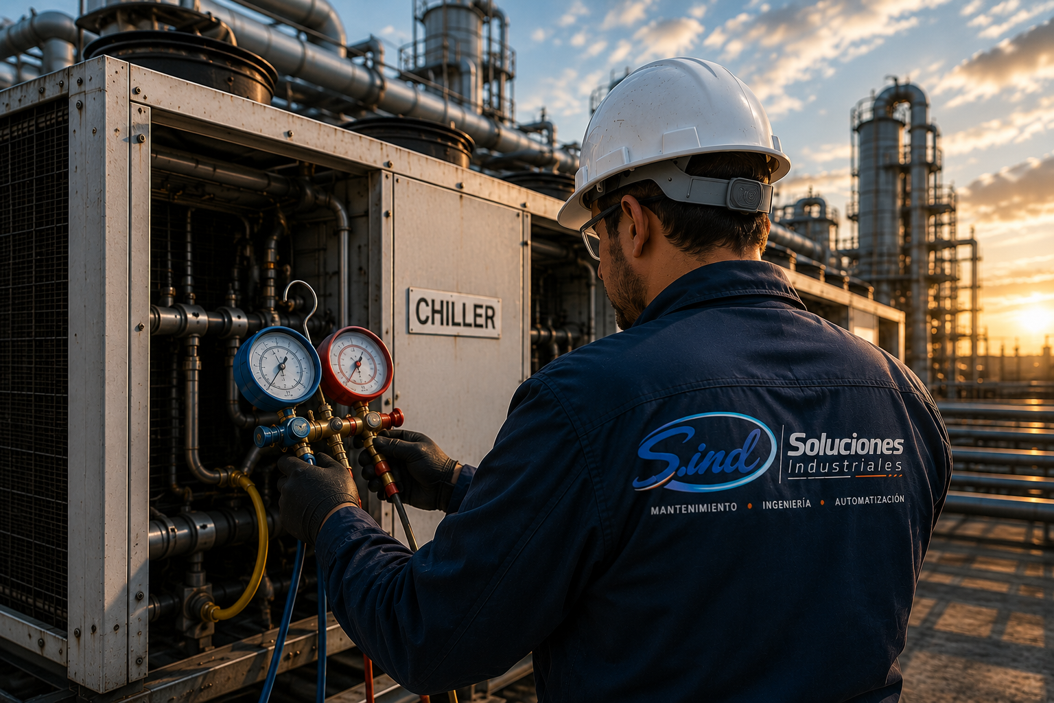Técnico realizando mantenimiento en un chiller industrial